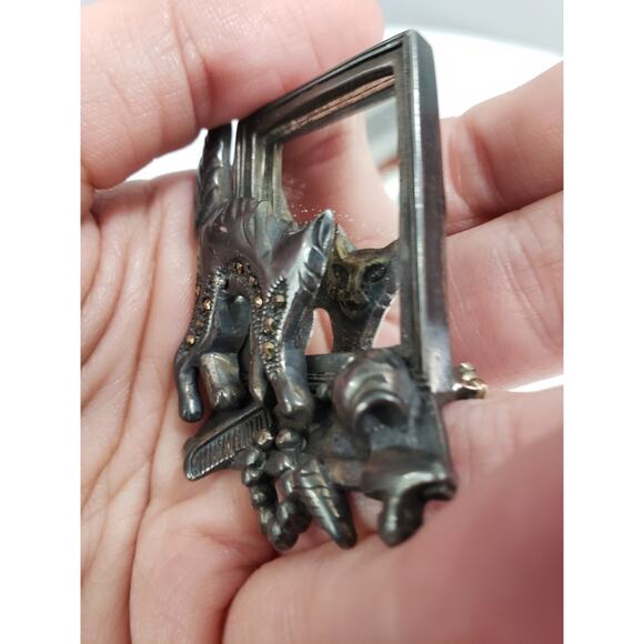RARE CAT LOOKING AT THE MIRROR 925 STERLING SILVER BROOCH HALLOWEEN VINTAGE - Picture 3 of 6
